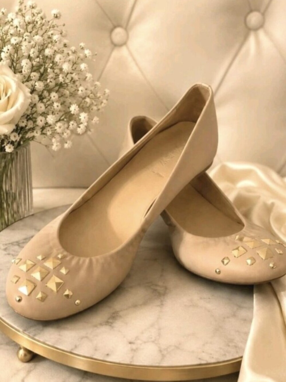 J. Crew Cece Ballet Flat Nude Leather Gold Studded Slip-On Italy Women's Size 7